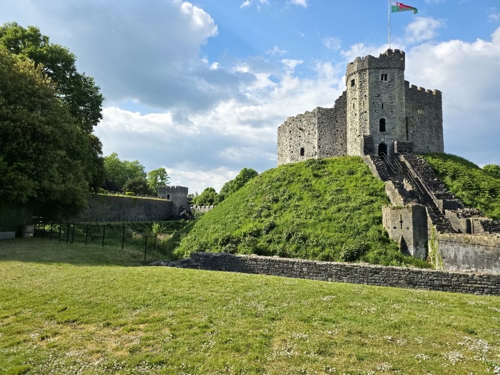 Cardiff Castle's twelve-sided shell keep, still crowning its Norman motte in the middle of the modern city.